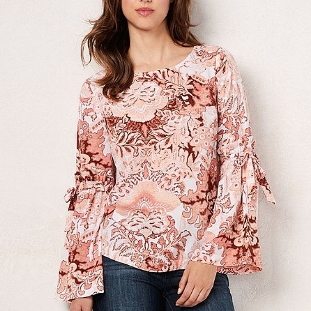 LC Lauren Conrad Paisley Coral Orange White & Brown Bell Sleeve Blouse Shirt Top